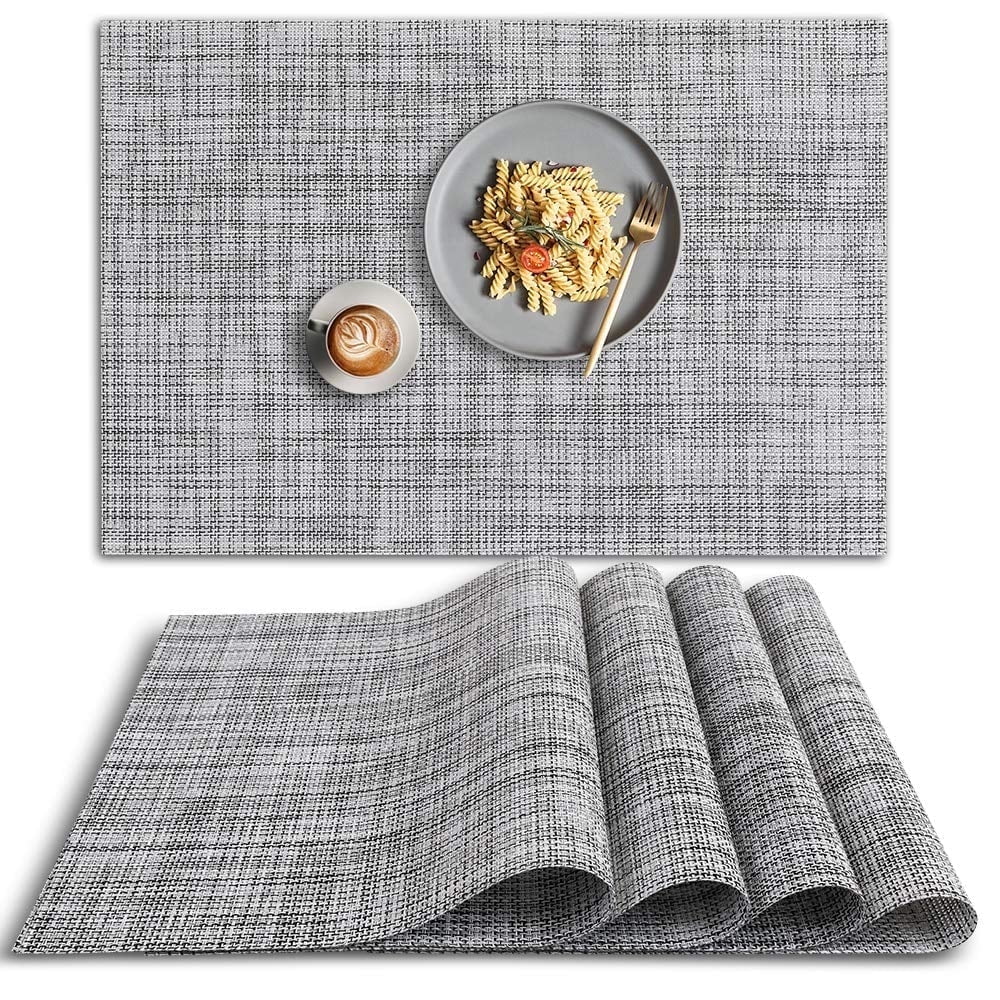 Rongsi 4 PCS Heat Resistant Placemat, PVC Non-Slip Place Mats for Dining Table, Washable Vinyl Placemats for Kitchen, Set of 4 – Gray