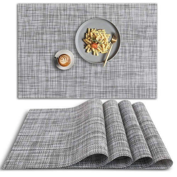 Rongsi 4 PCS Heat Resistant Placemat, PVC Non-Slip Place Mats for Dining Table, Washable Vinyl Placemats for Kitchen, Set of 4 – Gray