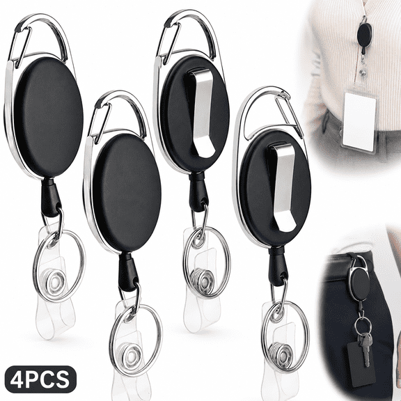4 Packs Retractable Plastic Keychain, Badge Holder Reel Clip, Heavy Duty Name Tag ID Card Holder, Keychain Ring Carabiner, Keys Cards ID Badges