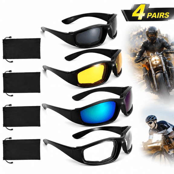 Emlimny 4 Pair Motorcycle Glasses Riding Glasses UV Protection Windproof and Dustproof Motorcycle Goggles Foam Cushion Eyeglasses Suitable for Outdoor Sports Motorcycle Riding with Glasses Bag