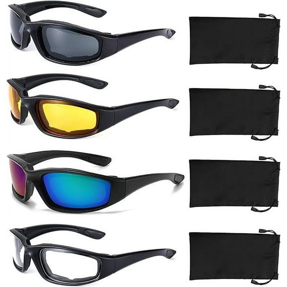 Emlimny 4 Pair Motorcycle Glasses Riding Glasses UV Protection Windproof and Dustproof Motorcycle Goggles Foam Cushion Eyeglasses Suitable for Outdoor Sports Motorcycle Riding with Glasses Bag