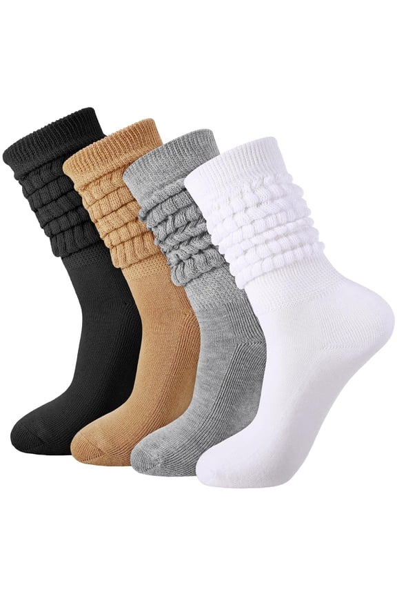 4 Pairs Slouch Cotton Knit Socks,Slouch Socks for Women,Retro Stacked Socks Soft Breathable Athletic Scrunch Calf Ankle Sock Long Chunky Scrunch Knee High Sock for Women