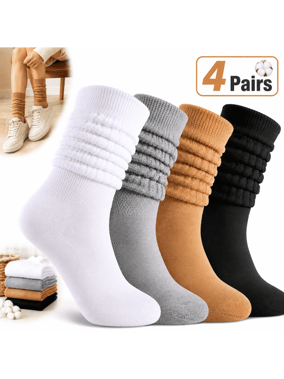 4 Pairs Slouch Cotton Knit Socks,Slouch Socks for Women,Retro Stacked Socks Soft Breathable Athletic Scrunch Calf Ankle Sock Long Chunky Scrunch Knee High Sock for Women