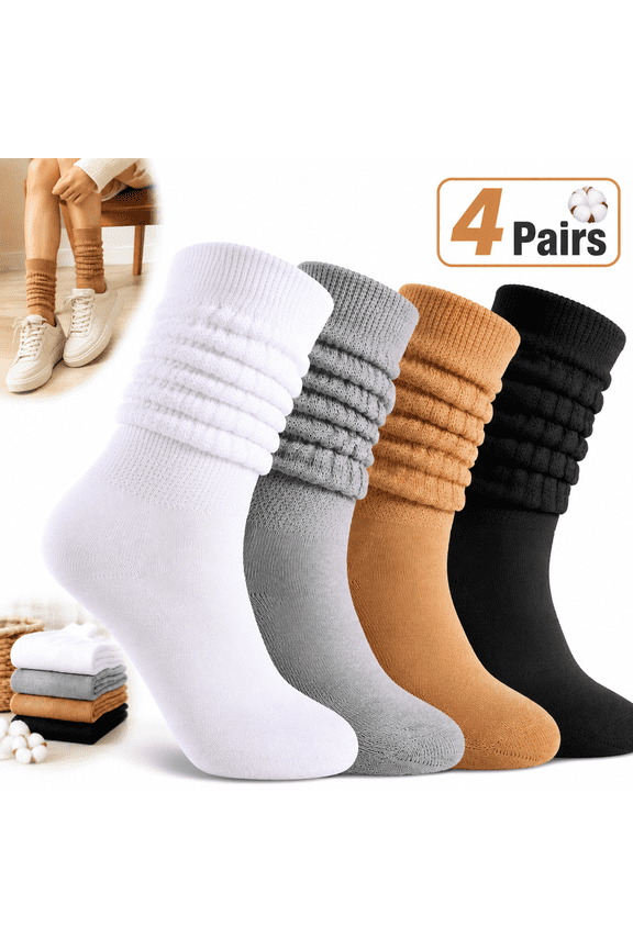 4 Pairs Slouch Cotton Knit Socks,Slouch Socks for Women,Retro Stacked Socks Soft Breathable Athletic Scrunch Calf Ankle Sock Long Chunky Scrunch Knee High Sock for Women