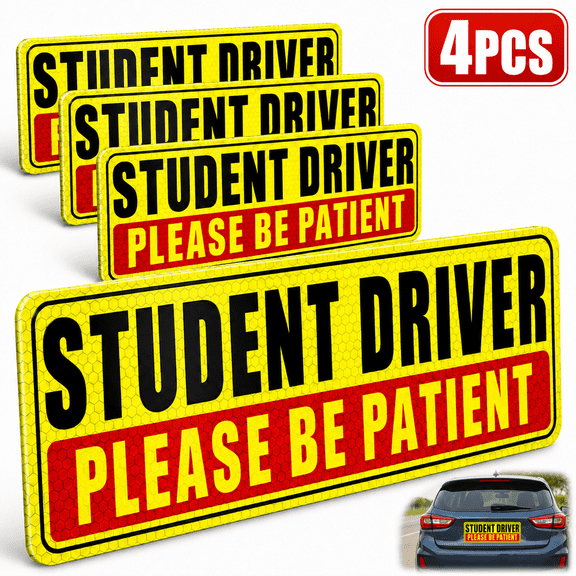 Emlimny 4 Pcs Student Driver Magnet Signs -Removable Reusable Movable New Driver, Teen Learner Car Magnets for Teens & Parents, Be Patient Safety Warning Reflective Decals