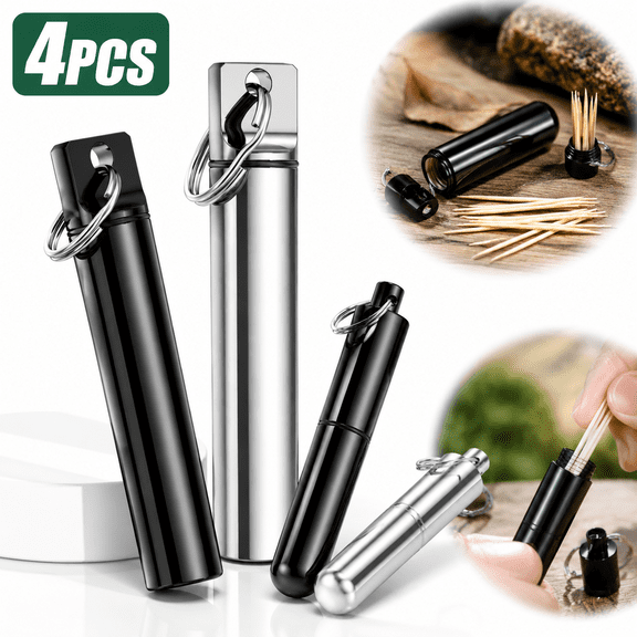 Emlimny 4 Pieces Metal Portable Toothpick Holder, aluminum alloy Pocket Toothpick Holder Aluminum Waterproof Case Toothpick Container with Keychain for Outdoor Picnic and Camping(Silver, Black)