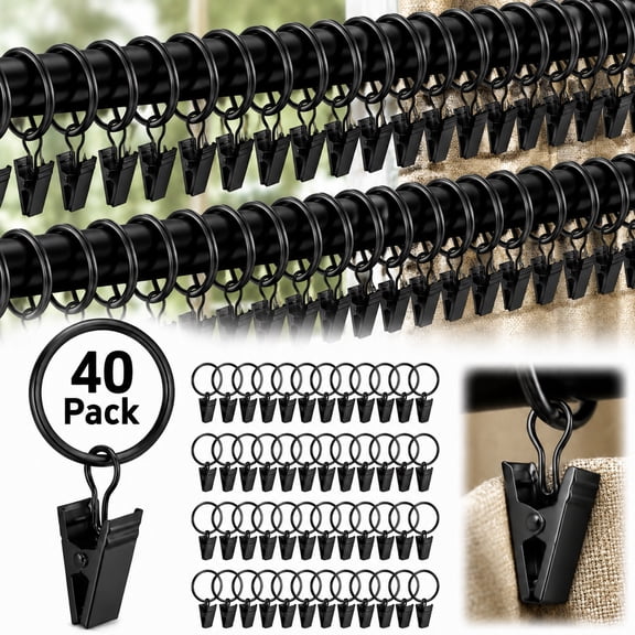 Rongsi 40 Pack Curtain Rings with Clips Hooks, Rustproof Matte Metal Stainless Steel Drapery Rings for Tension Rod Bracket Eyelets Hangers, Fits up to 0.88 in Curtain Rod Black-1" Interior Diameter