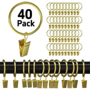 Rongsi 40 Pack Curtain Rings with Clips Hooks 1 inch Rustproof Matte Metal Stainless Steel Drapery Rings for Tension Rod Bracket Eyelets Decorative Hangers, Gold(1" Interior Diameter)