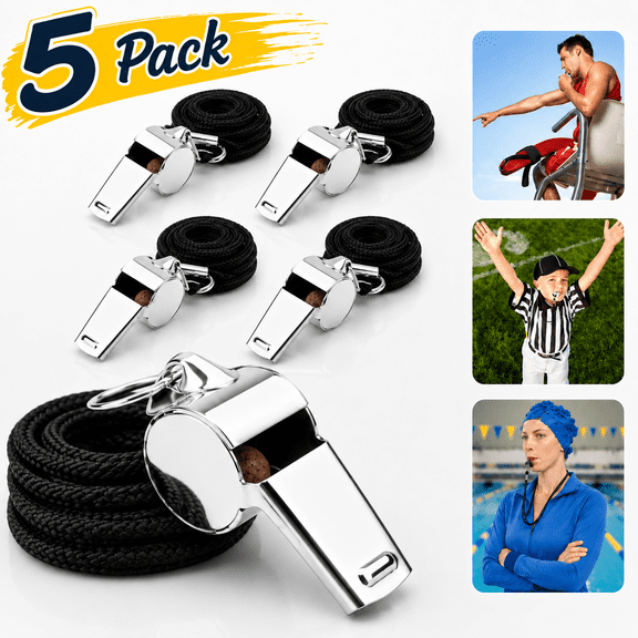 Emlimny 5 Packs Stainless Steel Whistle, Loud Metal Whistle with Lanyard for Referees Coaches Lifeguards Survival Emergency Football Basketball Soccer Hockey