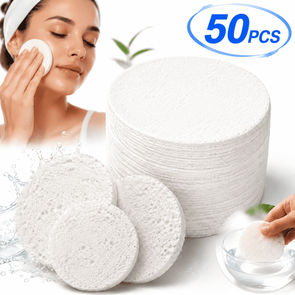 Emlimny 50 Count Compressed Facial Sponges, White Exfoliating Sponge Cellulose Natural Cosmetic Spa Sponges for Facial Cleansing, Exfoliating Mask, Makeup Removal
