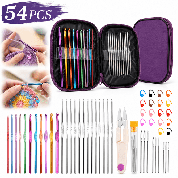 Emlimny 54 Pcs Crochet Hooks Set, Crochet Needles Set with Purple Storage Case, Ergonomic Knitting Needles Stitch Marker DIY Hand Knitting Craft Art Tools for Beginners