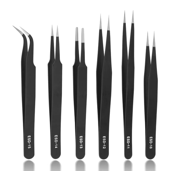 Emlimny 6 PCS ESD Tweezers Set, Anti-Static Stainless Steel Tweezers Kit, Angled/Bent Tip/ Flat Head and Stainless Steel Tweezers for Lab, Electronics, Jewelry and Detailed Work