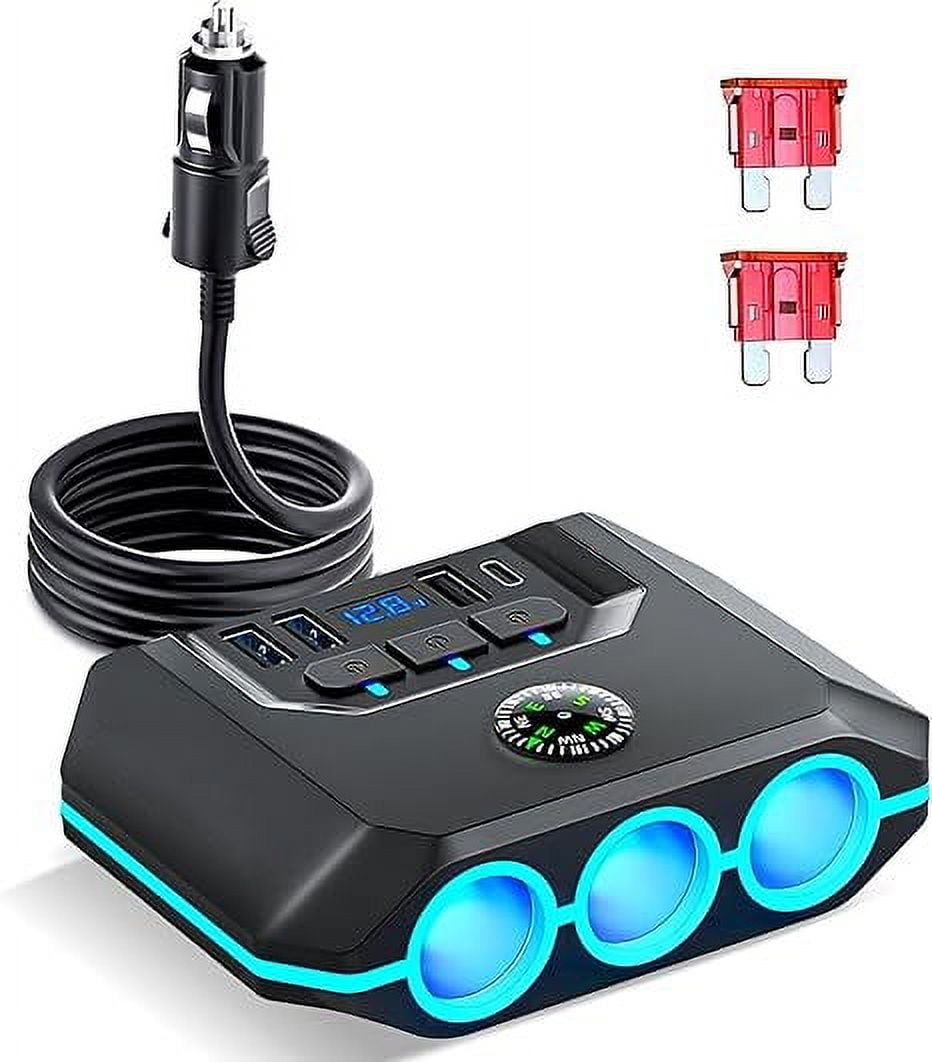 cigarette lighter multi plug Emlimny 7 in 1 Cigarette Lighter Splitter,120W Car Charger Adapter with USB  & PD, Multi Port Power Plug with Independent Switches & LED Voltage Display  for 12V- 24V Vehicles with 2 fuse(3.3FT