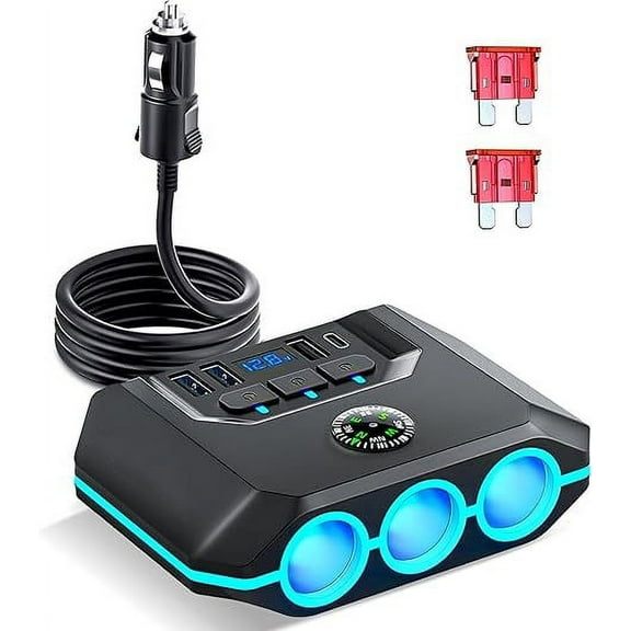 Emlimny 7 in 1 Cigarette Lighter Splitter,120W Car Charger Adapter with USB & PD, Multi Port Power Plug with Independent Switches & LED Voltage Display for 12V- 24V Vehicles with 2 fuse(3.3FT Cable)