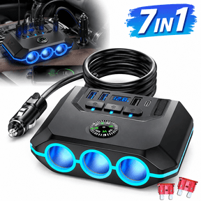 Emlimny 7 in 1 Cigarette Lighter Splitter,120W Car Charger Adapter with USB & PD, Multi Port Power Plug with Independent Switches & LED Voltage Display for 12V- 24V Vehicles with 2 fuse(3.3FT Cable)