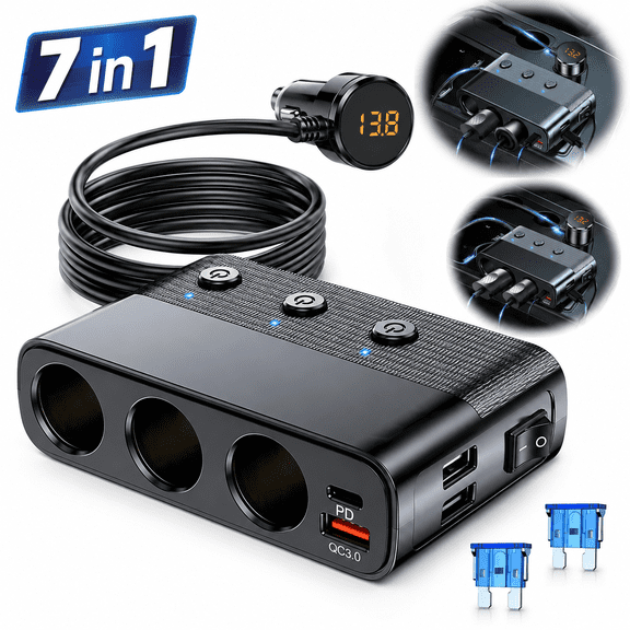 Emlimny 7 in 1 Cigarette Lighter Splitter, 3 Socket Car Charger Adapter, Type-C QC3.0 PD 30W Charging, Dual USB Charging Ports, Independent Switches, LED Voltmeter, Plug Outlet 12V/24V(3.3ft Cable)