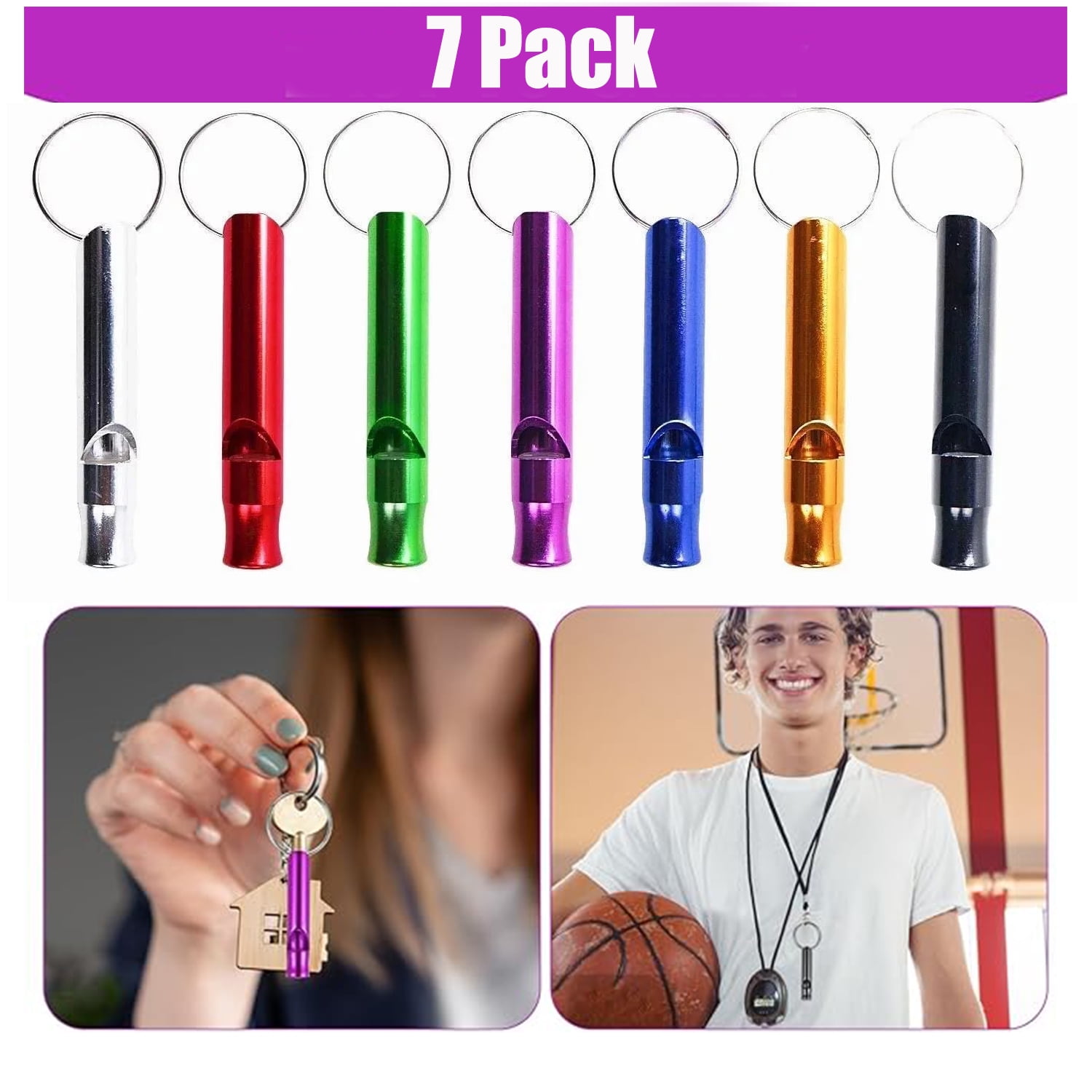 Emlimny 7 Pack Metal Sport Whistles Sturdy but Light Aluminium Key Chain Signals for Coaches Referees Lifeguarding Survival Emergency Training Outdoor Adventure or Camping Trip Multi-Colors
