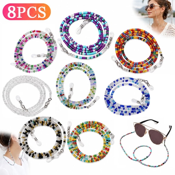 Emlimny 8 Pcs Beaded Eyeglass Chains for Women, Multifunction Colorful Mask Glasses Lanyard Sunglass Holder Strap Around Neck,Bead Holders Face Mask Chains Clamp Necklace Strap with Eyeglass Loop