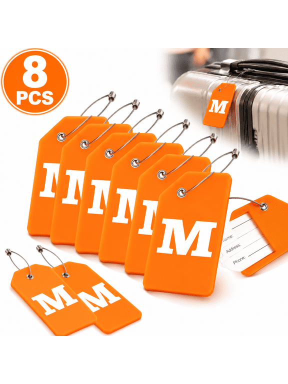 8 Pcs Luggage Tags for Suitcases, M Letter Silicone Luggage Tag with Name ID Card Travel orange luggage tags Identification Labels ID Tags Fully Bendable Tags with Stainless Steel Loop
