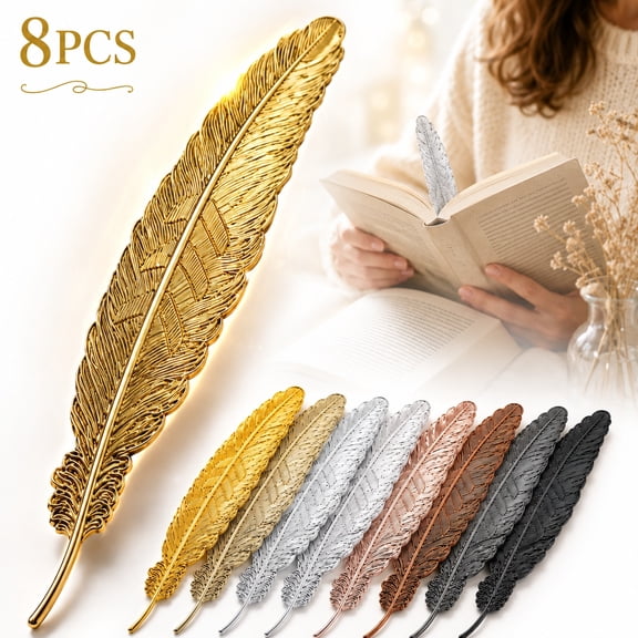 8 Pieces Metal Feather Bookmarks Assorted Metal Bookmark Feather Shape Book Marker for Adults and Kids (Set 1)