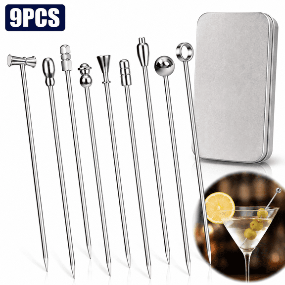 Emlimny 9 Pack Metal Cocktail Picks,4.1 Inch Metal Martini Premium Cocktail Picks Stainless Steel Cocktail Toothpicks Reusable Cocktail Skewers Metal Toothpicks for Drinks, Appetizers, Bar