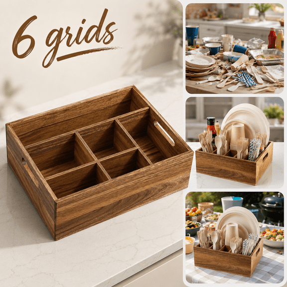 Emlimny Acacia Wood Utensil Holder,Paper Plate Organizer for Countertop,Rustic Utensil Caddy with 6 Compartments for Plate, Cup, Fork, Spoon - Cutlery Holder for Kitchen Camping Buffet