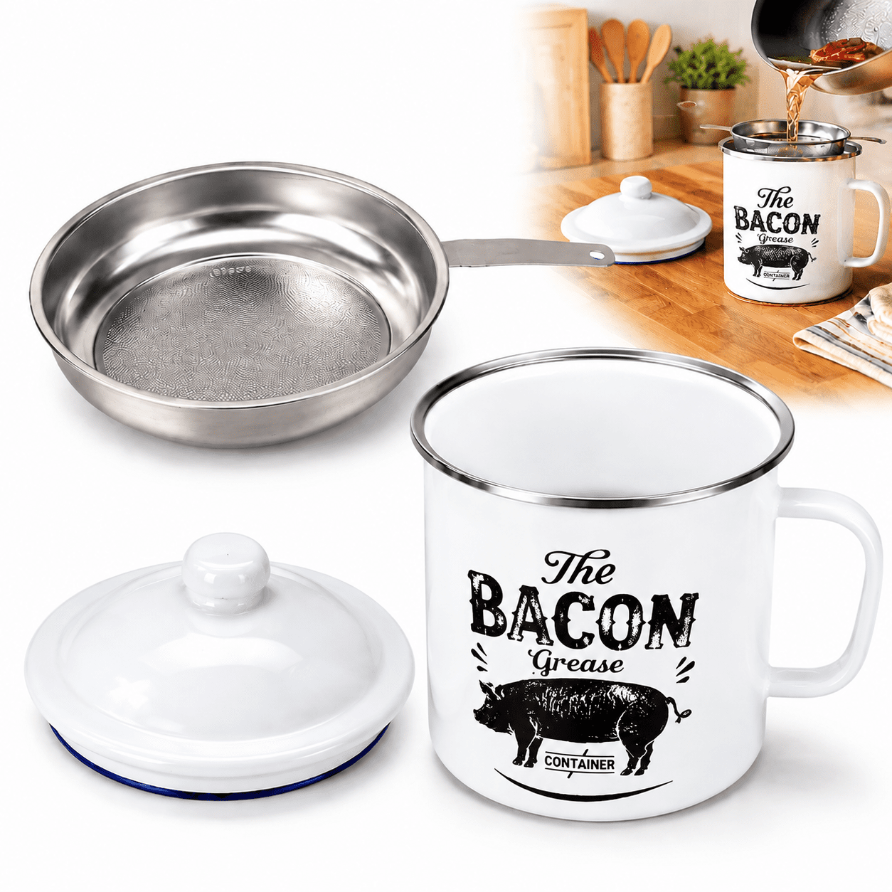 Emlimny Bacon Grease Saver Container with Fine Mesh Strainer,Stainless Steel Oil Keeper Can for Bacon, 1.3L (46oz) Farmhouse Style Cooking Oil Storage Can, Dishwasher Safe