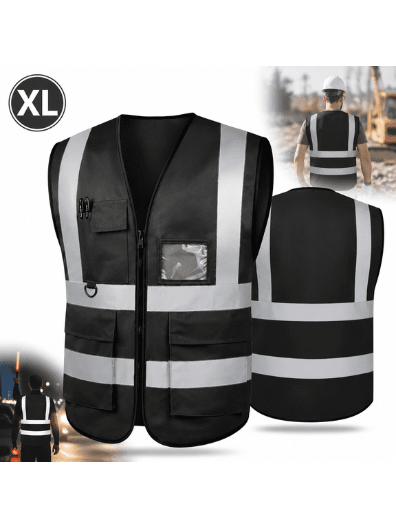 Reflective Safety Vest for Men, XL Size Reflective for Women, High Visibility Security with Pockets Zipper Front Meets ANSI Standards - Black