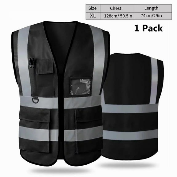 Emlimny Reflective Safety Vest for Men, XL Size Reflective for Women, High Visibility Security with Pockets Zipper Front Meets ANSI Standards - Black