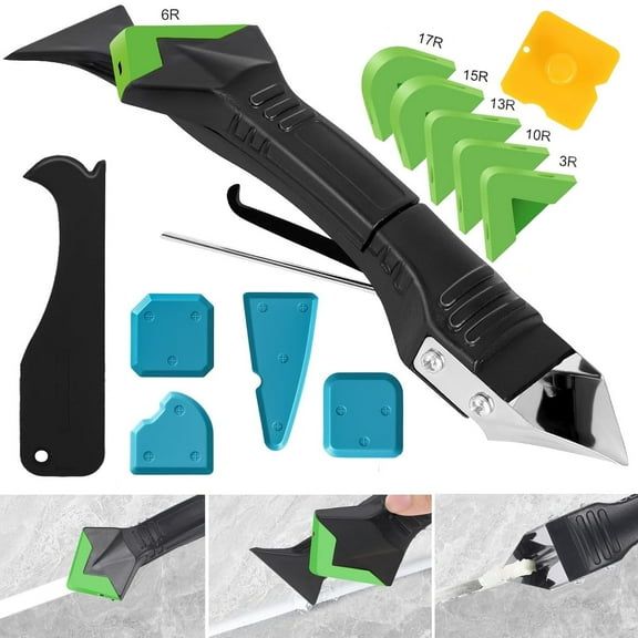 Emlimny Caulking Tool 5 in 1 Silicone Caulking Grout Removal Sealant Finishing Tool with 6pc Glass Glue Angle Scraper, 6 Exchange Silicone Pads, Adhesive Residue Scraper Seam Repair Kit