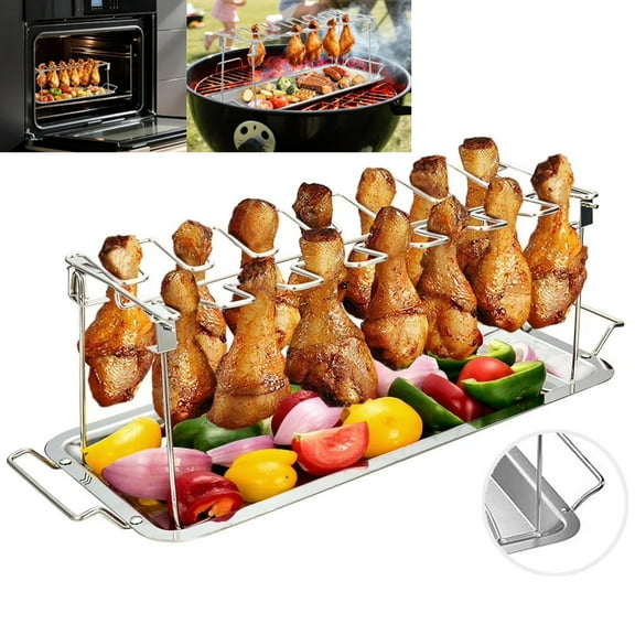 Emlimny Chicken Leg Wing Rack 14 Slots Stainless Steel Metal Roaster Stand with Drip Tray for Smoker Grill or Oven, Dishwasher Safe, Non-Stick, Great for BBQ, Picnic