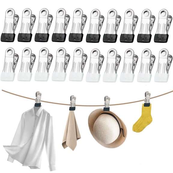 Emlimny Clothes Pins for Hanging Clothes, 20 Pcs Stainless Steel Heavy Duty Clothes Pins for Laundry, Multi-Purpose Metal Clips for Clothes, Socks, Towel, Snack, Photo(10*Black + 10*White)