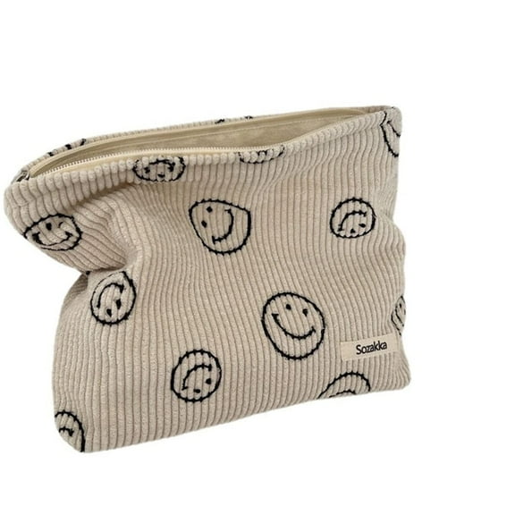 Emlimny Corduroy Cosmetic Makeup Bag with Zipper, Smile Dots, Beige, 1 Piece