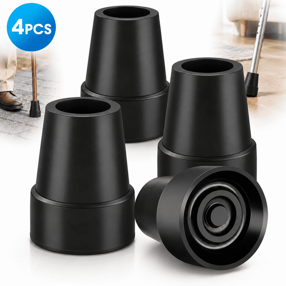 Emlimny Crutch Tips,3/4 inch Walking Cane Tips 4 Pack Set, No-Slip Quad Cane Replacement of Black Rubber Tips, Heavy Duty Walking Stick Base, Anti Skid Cane Foot for Stability Cane Tips