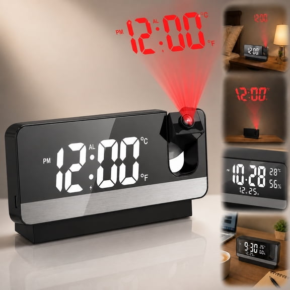 Projection Alarm Clock, Digital Clock with 180 Rotatable Projector, Temperature Alarm Clock,Clear LED Display, USB Charger, Progressive Volume, 12/24H, for Bedroom