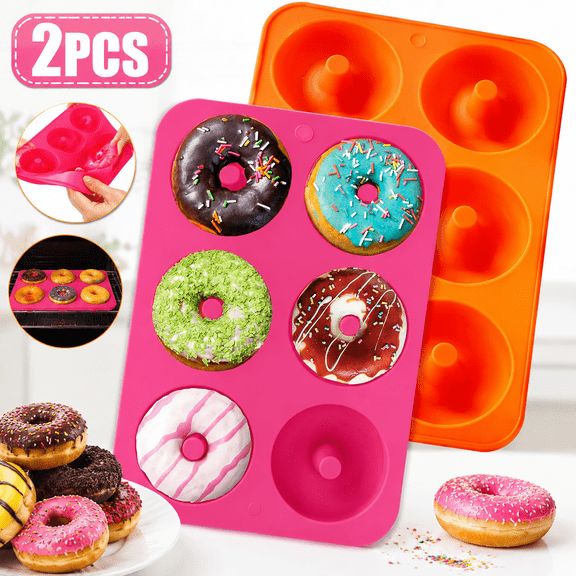 Emlimny Donut Pan, 2pcs Non-Stick Silicone Donut Mold for 6 Donuts 3.2 Inch, Bagel Pan, Tray Measures 11.5x8 Inches