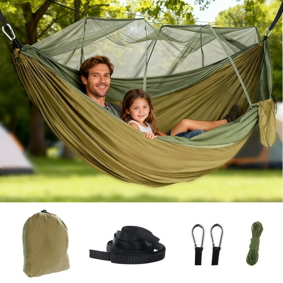Ustris Camping Hammock Camping Essentials, Double & Single Portable Hammocks with 2 Tree Straps and Attached Carry Bag, Great for Outdoor,Indoor,Beach,Camping,Hiking, Travel Brown and Green