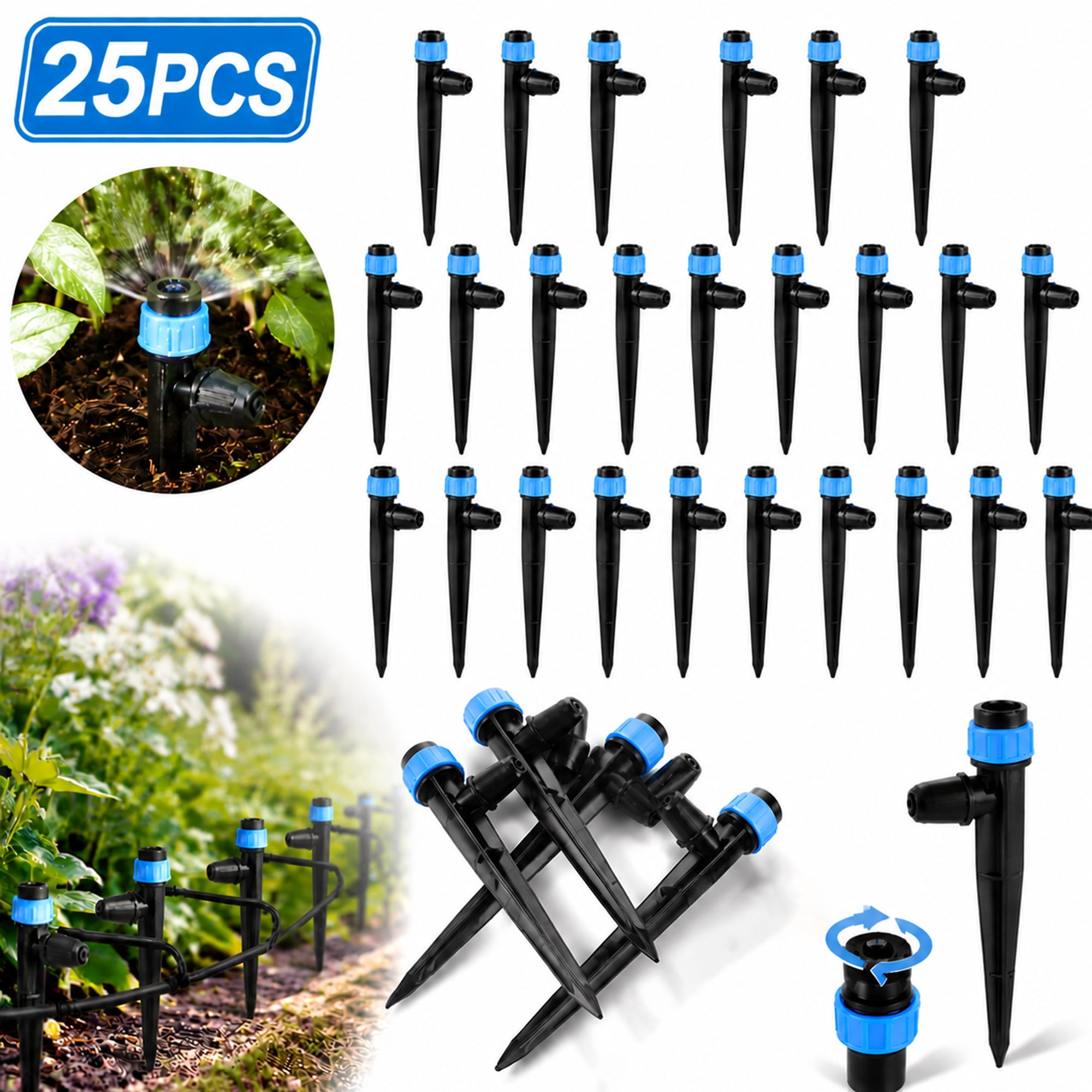 Emlimny Drip Irrigation Emitters,25 Pack Quick to Connect Drip Emitters for 1/4 Tubing, 360 Degree Sprayer Adjustable Water Flow, Drip System Parts for Outdoor Watering