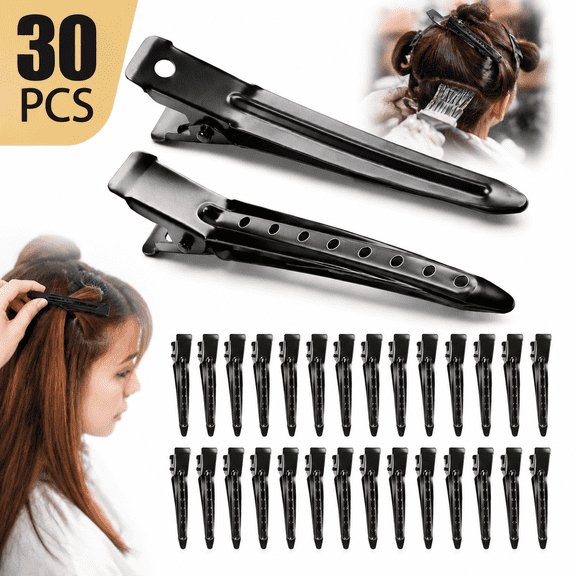 Emlimny Duck Billed Clips, 30pcs 3.5 inch Metal Alligator Hair Clips with Holes, Black Hair Clips for Styling Sectioning, Hair Coloring, Pin Curl Clips for Hair Roller
