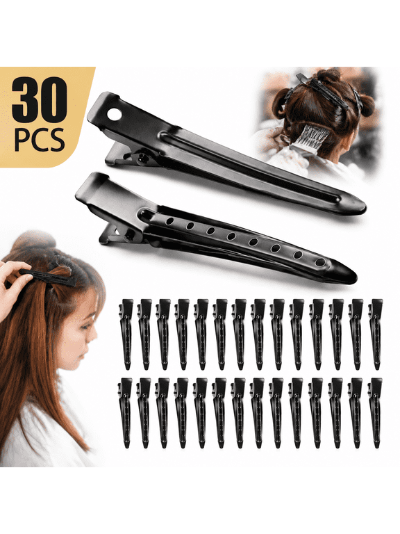 Duck Billed Clips, 30pcs 3.5 inch Metal Alligator Hair Clips with Holes, Black Hair Clips for Styling Sectioning, Hair Coloring, Pin Curl Clips for Hair Roller