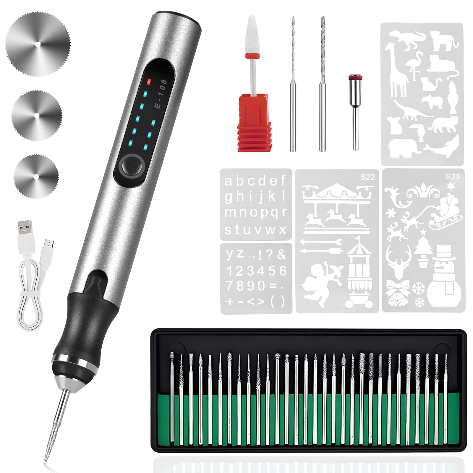 Emlimny Electric Engraving Pen with 37 Bits, USB Rechargeable Cordless Engraving Machine, Portable DIY Rotary Engraver for Jewelry Wood Glass Stone Carving (Silver)