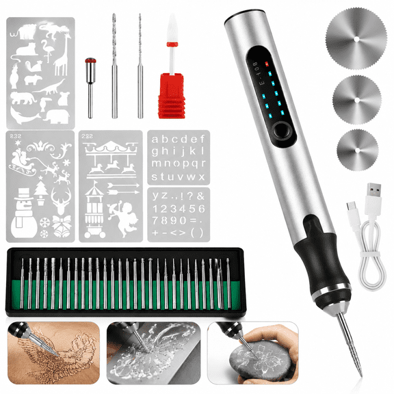 Emlimny Electric Engraving Pen with 37 Bits, USB Rechargeable Cordless Engraving Machine, Portable DIY Rotary Engraver for Jewelry Wood Glass Stone Carving (Silver)
