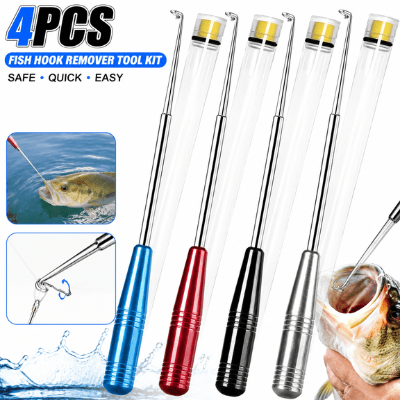 Emlimny Fish Hook Remover Tool Kit - Safety Quick Release Extractor & Descender Device with 4-Pack Storage Tubes, Fishing Gear Security Accessories for Catch and Release (Boat, Kayak, Pier)