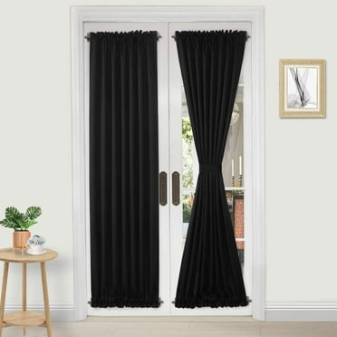Emlimny French Door Curtains – Rod Pocket Thermal Blackout Curtains for Doors with Glass Window, Kitchen and Patio Doors, Privacy, 25 X 72 Inches Long, 1 Curtain Panel with Ties, Black