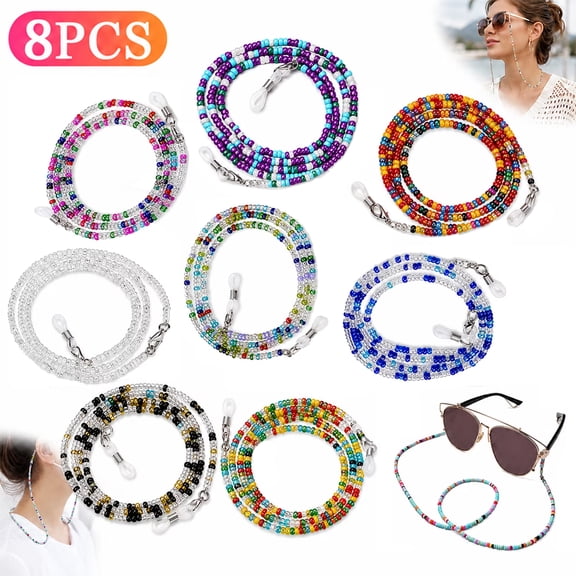 Emlimny Glass Strap, 8 Pcs Eyeglass Chain for Women Men, Stylish Beaded Eye Glass Holder Around Neck, Colorful MaskClamp Necklace Strap with Eyeglass Loop