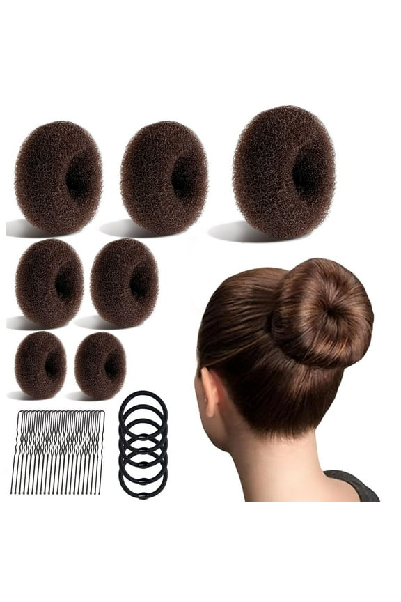Hair Bun Maker Set,Donut Bun Maker Set With 7pcs Dark Brown (1 Extra-Large, 2 Large, 2 Medium, 2 Small),5 pieces Hair Elastic Bands, 20 pieces Hair Bobby Pins