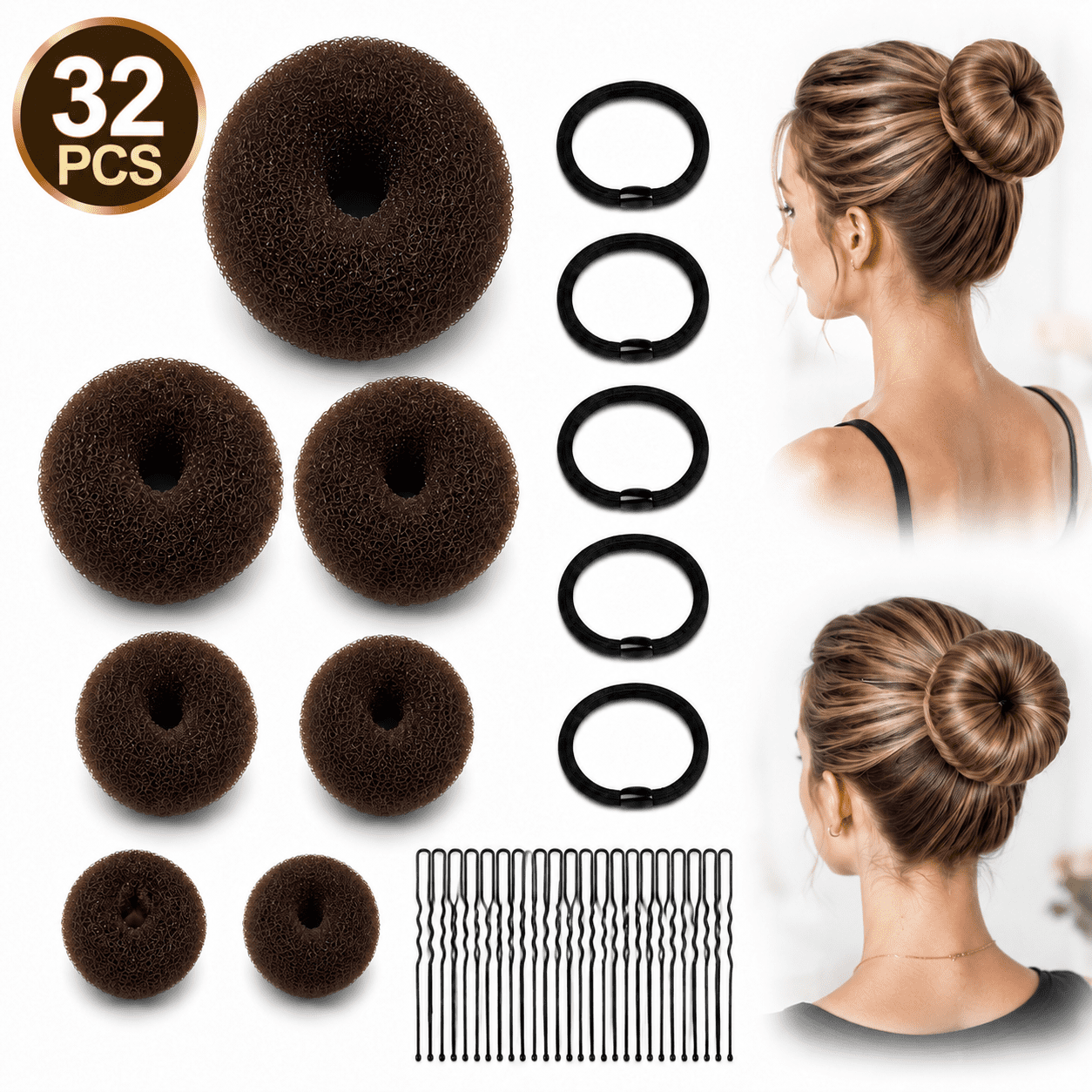 Hair Bun Maker Set,Donut Bun Maker Set With 7pcs Dark Brown (1 Extra-Large, 2 Large, 2 Medium, 2 Small),5 pieces Hair Elastic Bands, 20 pieces Hair Bobby Pins