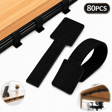 Emlimny Hook and Loop Cable Straps, Cable Management Under Desk, 80PCS Self Adhesive Cable Ties, Reusable Wire Organizers for Cords, Adjustable Cable Clips, Home Office Essentials (Black)