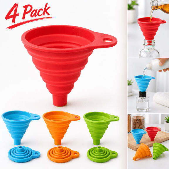 Emlimny Kitchen Funnel Set 4 Pack, Small and Large, Kitchen Gadgets Accessories Foldable Silicone Collapsible Funnels for Filling Water Bottle Liquid Transfer Food Grade