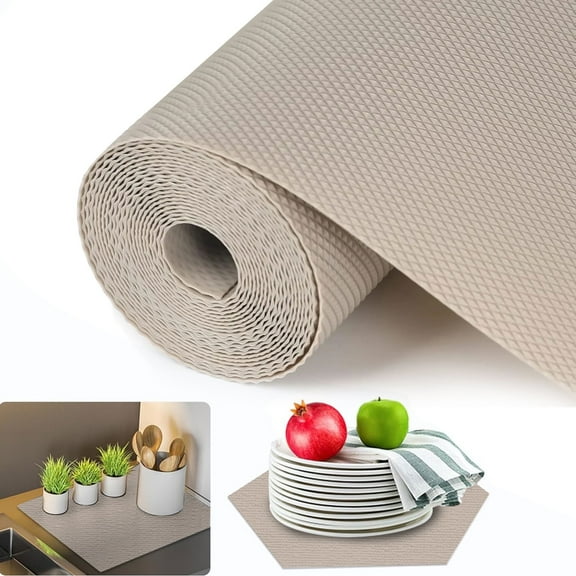 Emlimny Kitchen Shelf Liner Drawer Liners, 11.8 "x 118" Roll of Non-Adhesive Refrigerator Liners Waterproof Fridge Mats with Strong Durable Kitchen Cabinets Mat for Drawers, Shelves, Pantry Khaki 